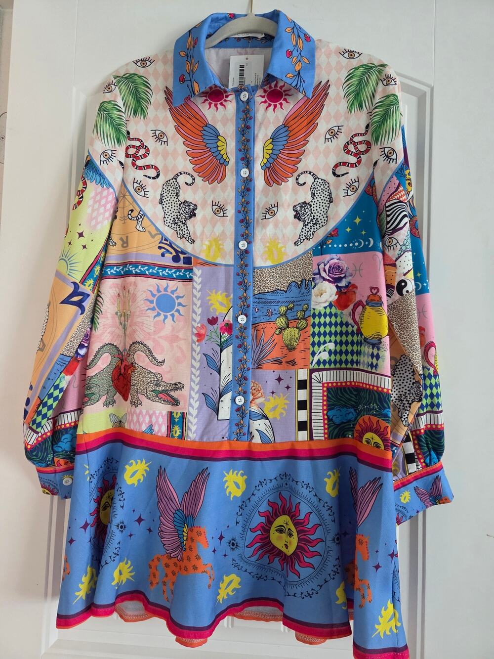 Endless Moon Patchwork Satin Mini Dress NWT Celestial Vacation Tunic S